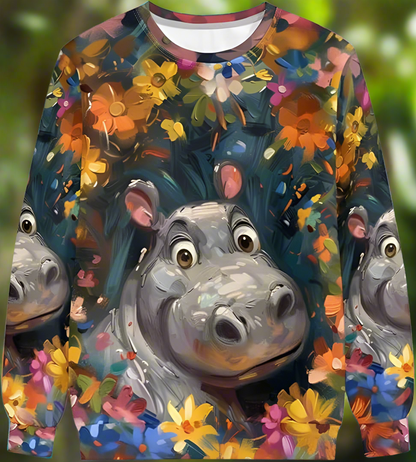 Unisex 3D printed hippo floral sweatshirt – long sleeve O-neck pullover with vibrant jungle flower background, perfect for casual streetwear.