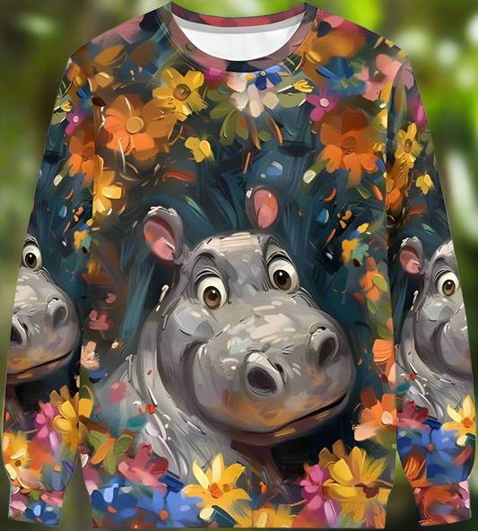 Unisex 3D printed hippo floral sweatshirt – long sleeve O-neck pullover with vibrant jungle flower background, perfect for casual streetwear.