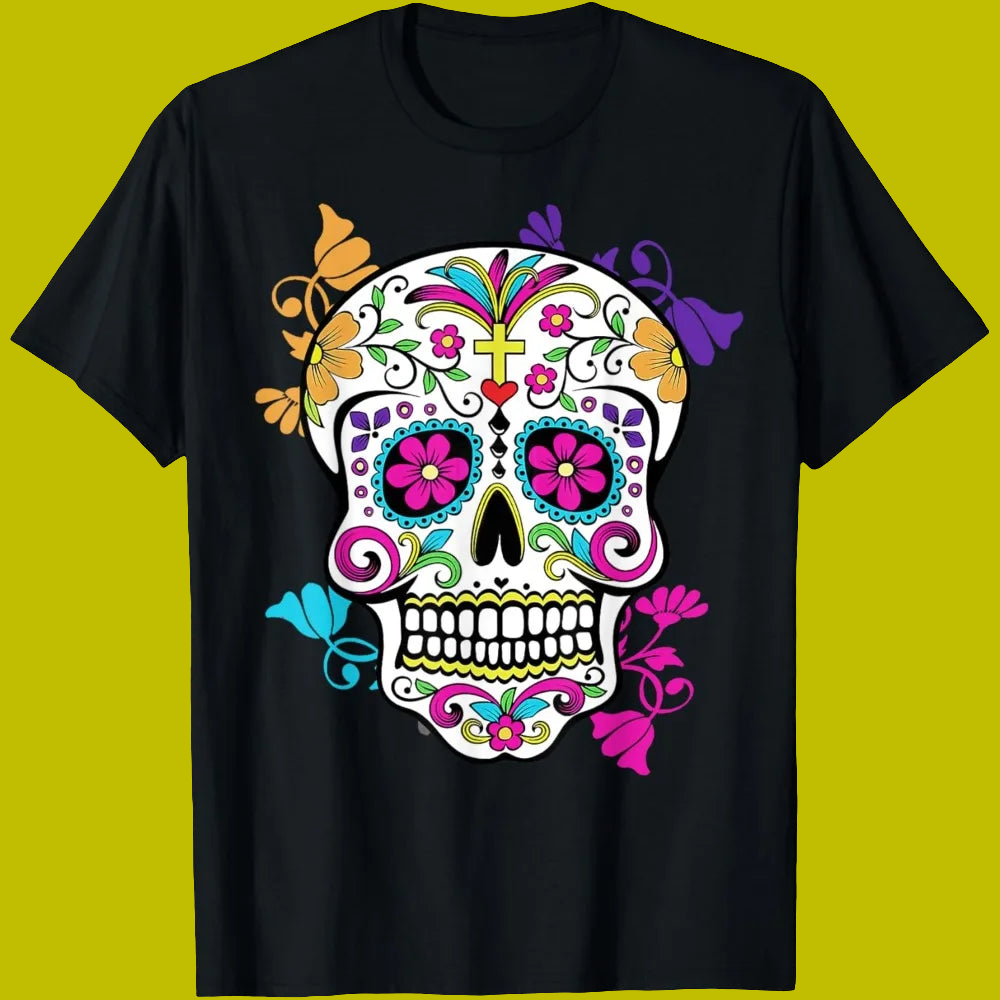 ‌Skull Día De Los Muertos T-Shirt – Unisex Mexican Halloween Festival Tees