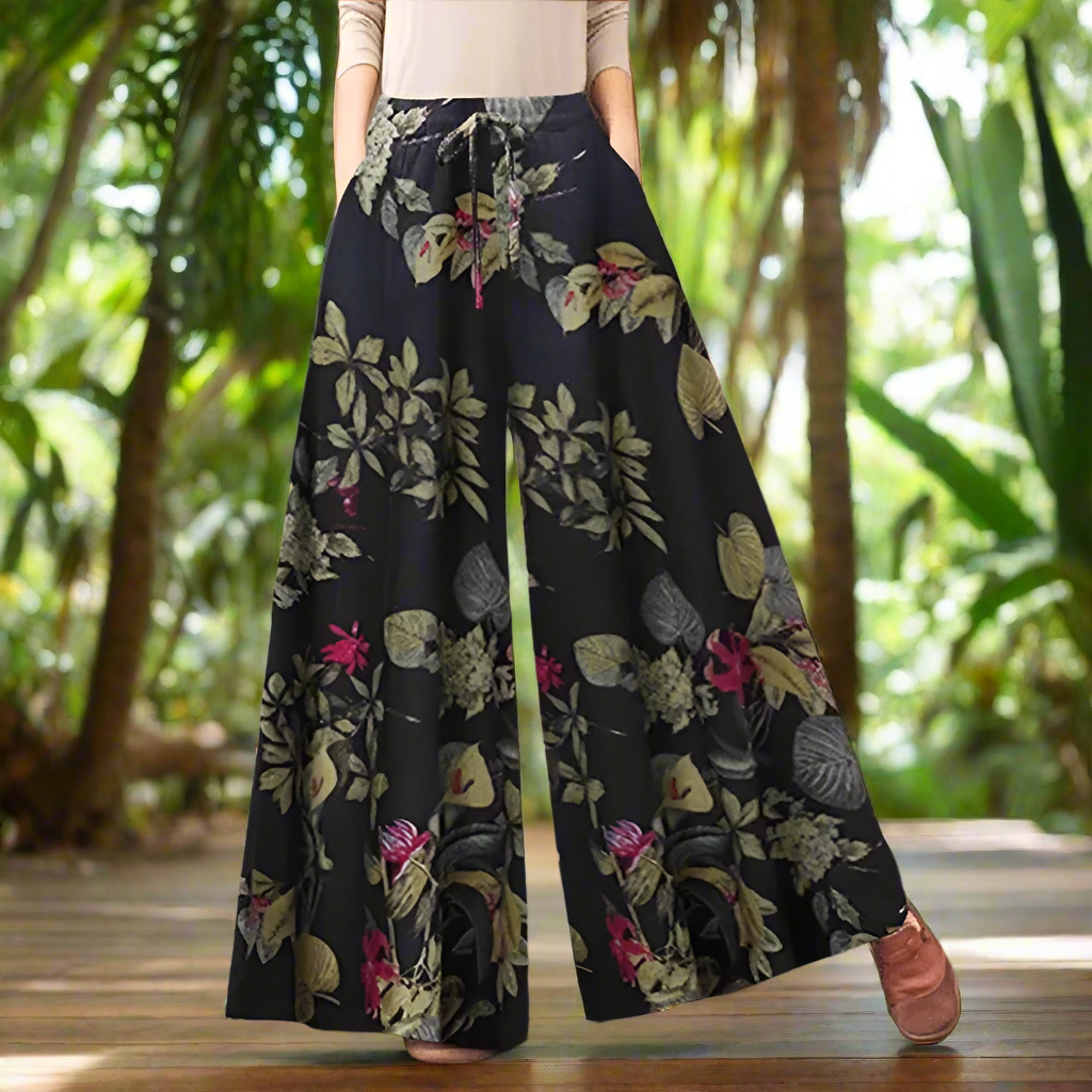 Women's Retro Print Wide-Leg Pants – Casual Loose-Fit Trousers with Drawstring Waist and Pockets Selection