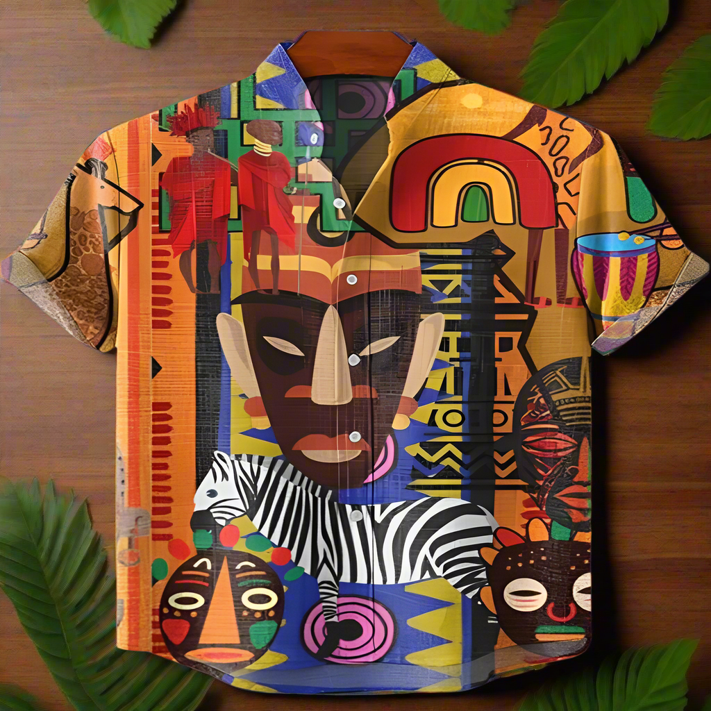 Men's Retro Ethnic Tribal Short Sleeve Shirt – Vintage African-Inspired Print Casual Top for Beach, Festivals & Street Style