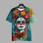 Brightly coloured sugar skull t-shirt with a woman's face, showcasing traditional Mexican art