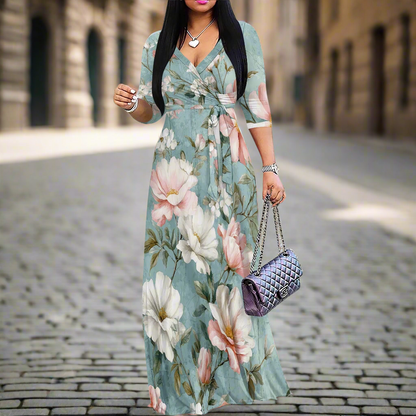 Purple Floral Maxi Dresses S‑3XL V‑Neck Wrap Style with Tie Waist & 3/4 Sleeves