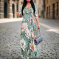 Purple Floral Maxi Dresses S‑3XL V‑Neck Wrap Style with Tie Waist & 3/4 Sleeves