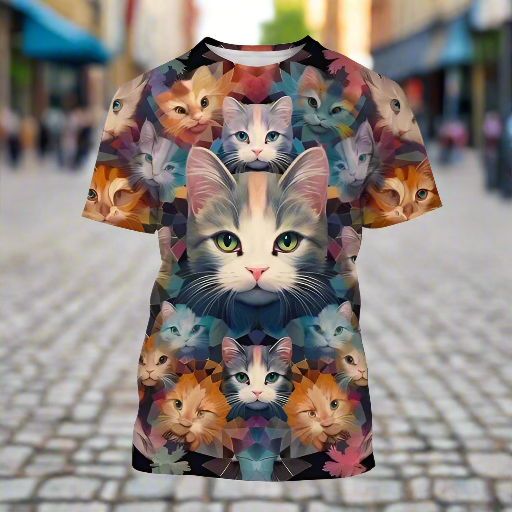 Pastel pink and blue cat face print t-shirt with floral border, cute summer top