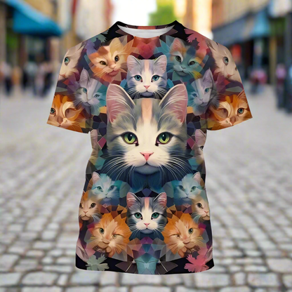 Pastel pink and blue cat face print t-shirt with floral border, cute summer top