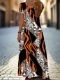 Orange Zigzag and Leopard Print Maxi Dress – Sleeveless V-Neck for Women