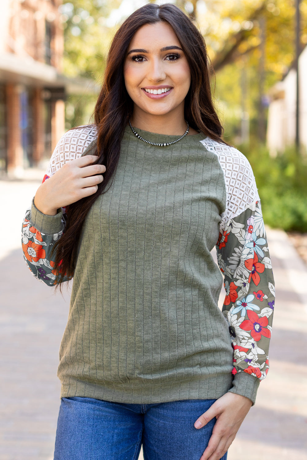 Floral Laurel Green Patchwork Ribbed Long Sleeve Top - ALOE WINGS STORE