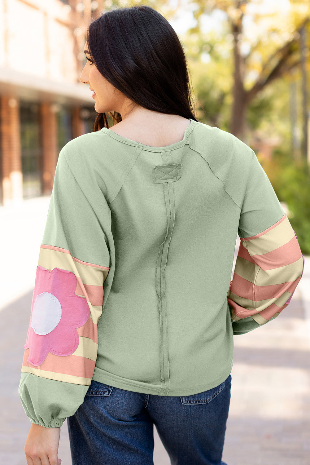 Smoke Green Floral Patchwork Raglan Sleeve Oversized Top with Exposed Seams - ALOE WINGS STORE