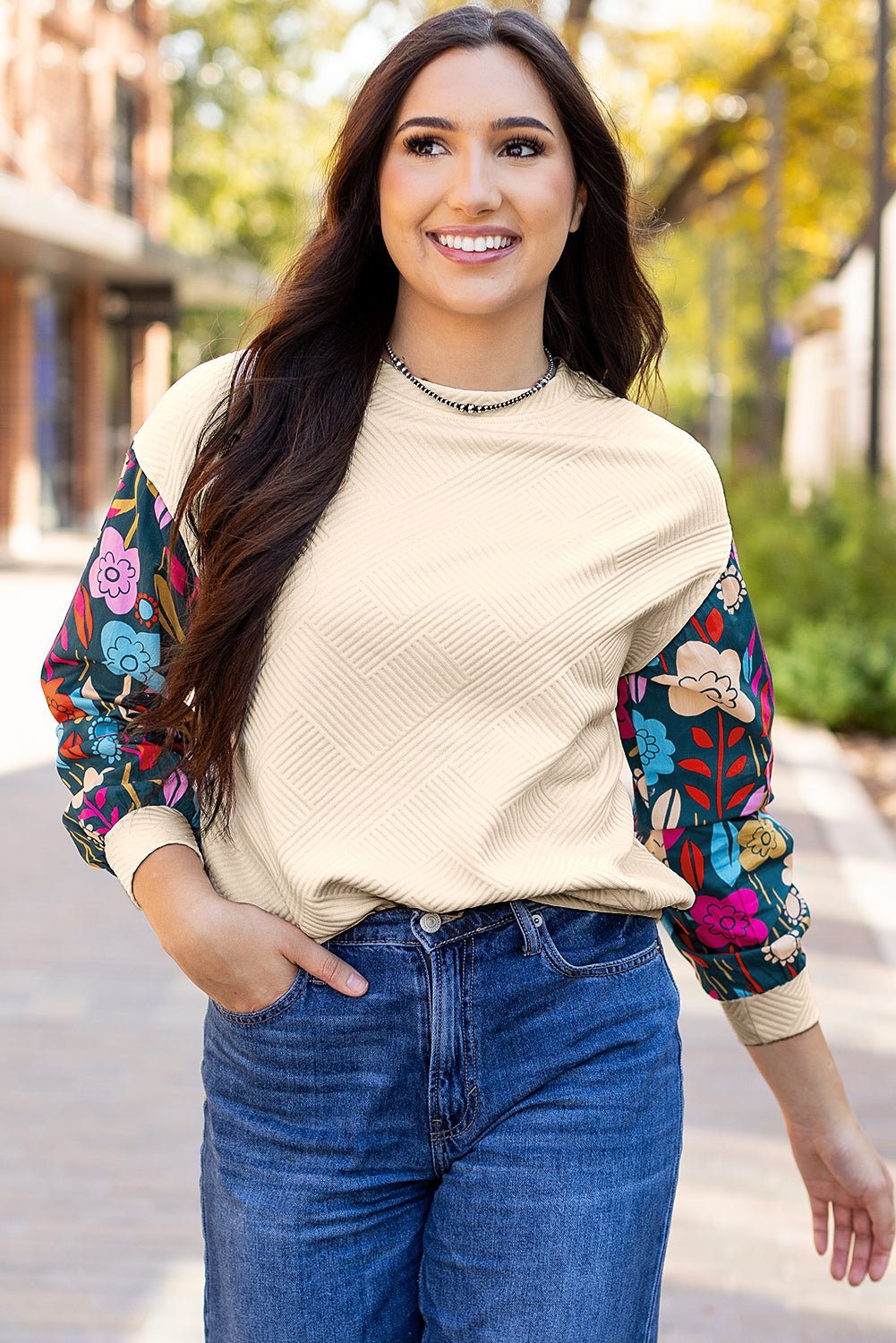 White Textured Knit Top with Contrast Floral Drop Shoulder Sleeves - ALOE WINGS STORE