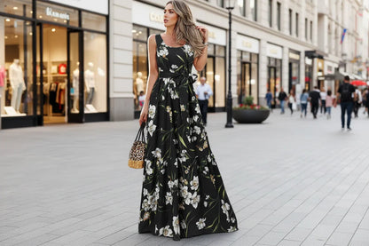 Woman wearing a black floral dress in an outdoor 