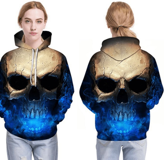 Blue Laser 3D Skull Hoodie - ALOE WINGS STORE