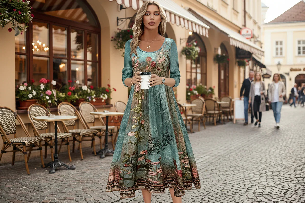 Lady with blue floral dress at town centre