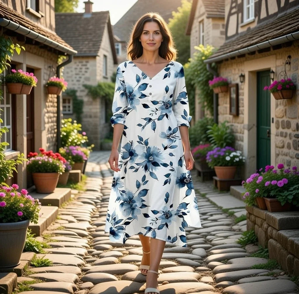 Close-up of V-neck and waist seam on floral maxi dress — inclined shoulder detail, soft polyester texture.