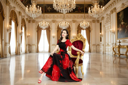 Curvy woman twirling in bold red floral dress — demonstrating fabric flow, short sleeves, and flattering fit for summer events.