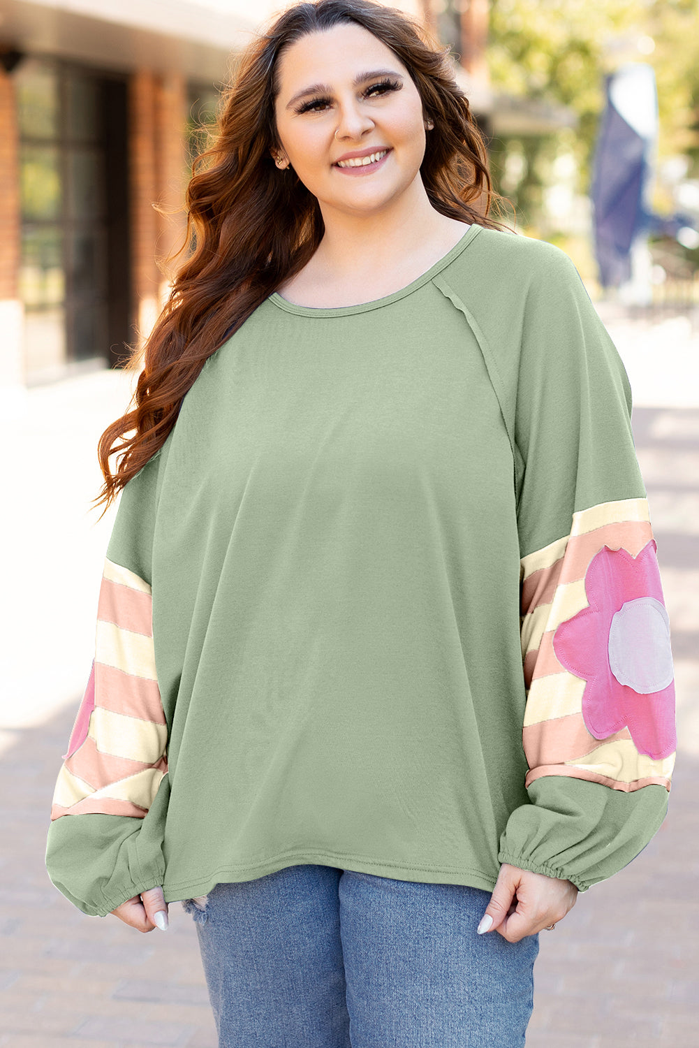 Smoke Green Floral Patchwork Raglan Sleeve Oversized Top with Exposed Seams - ALOE WINGS STORE