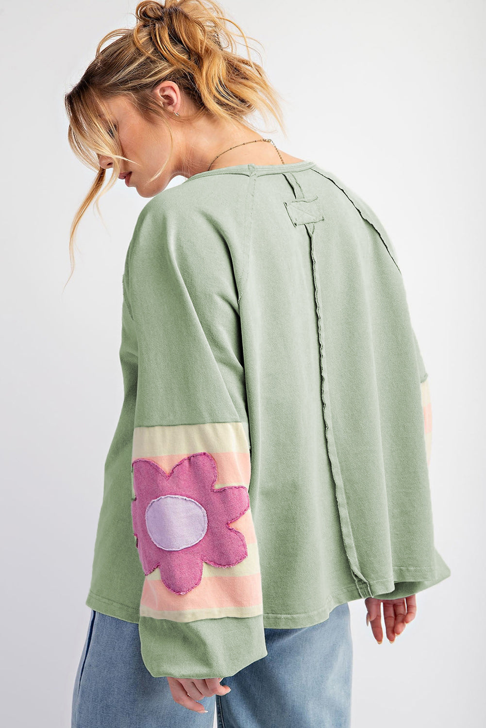 Smoke Green Floral Patchwork Raglan Sleeve Oversized Top with Exposed Seams - ALOE WINGS STORE