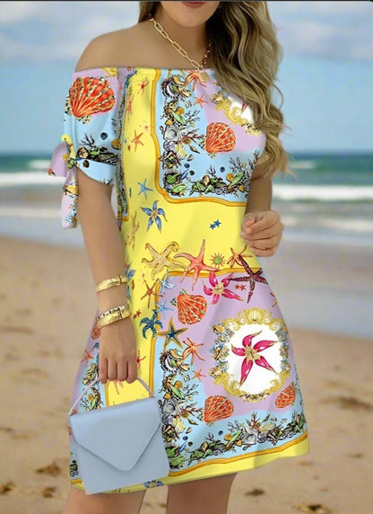 Women's Off-Shoulder Mini Dress – Casual Summer Short Sleeve Dress with Bow Detail | Elegant Relaxed Fit Party Outfit (Sizes up to 3XL)