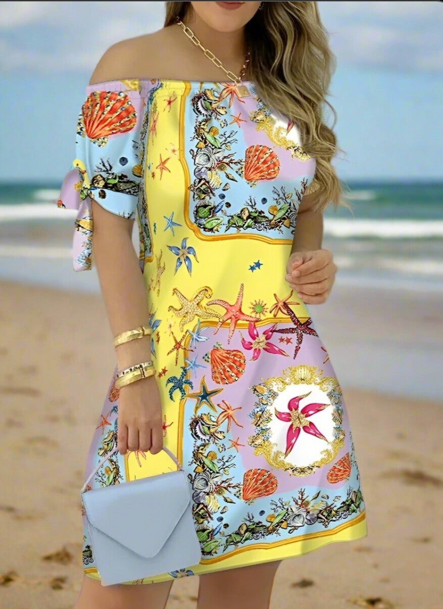 Women's Off-Shoulder Mini Dress – Casual Summer Short Sleeve Dress with Bow Detail | Elegant Relaxed Fit Party Outfit (Sizes up to 3XL)
