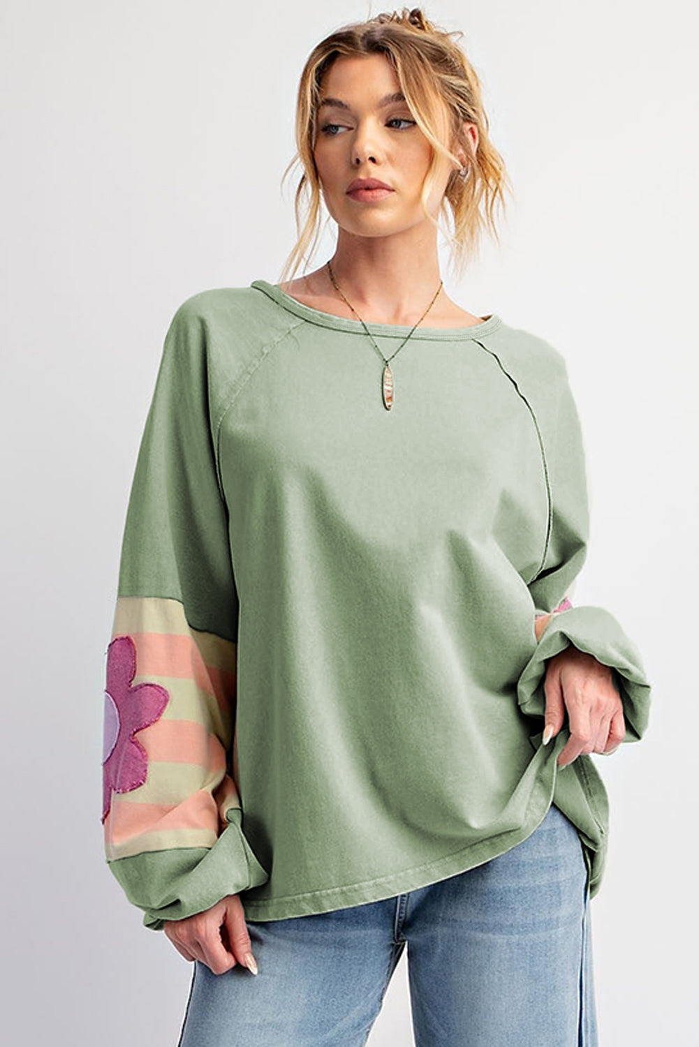 Smoke Green Floral Patchwork Raglan Sleeve Oversized Top with Exposed Seams - ALOE WINGS STORE