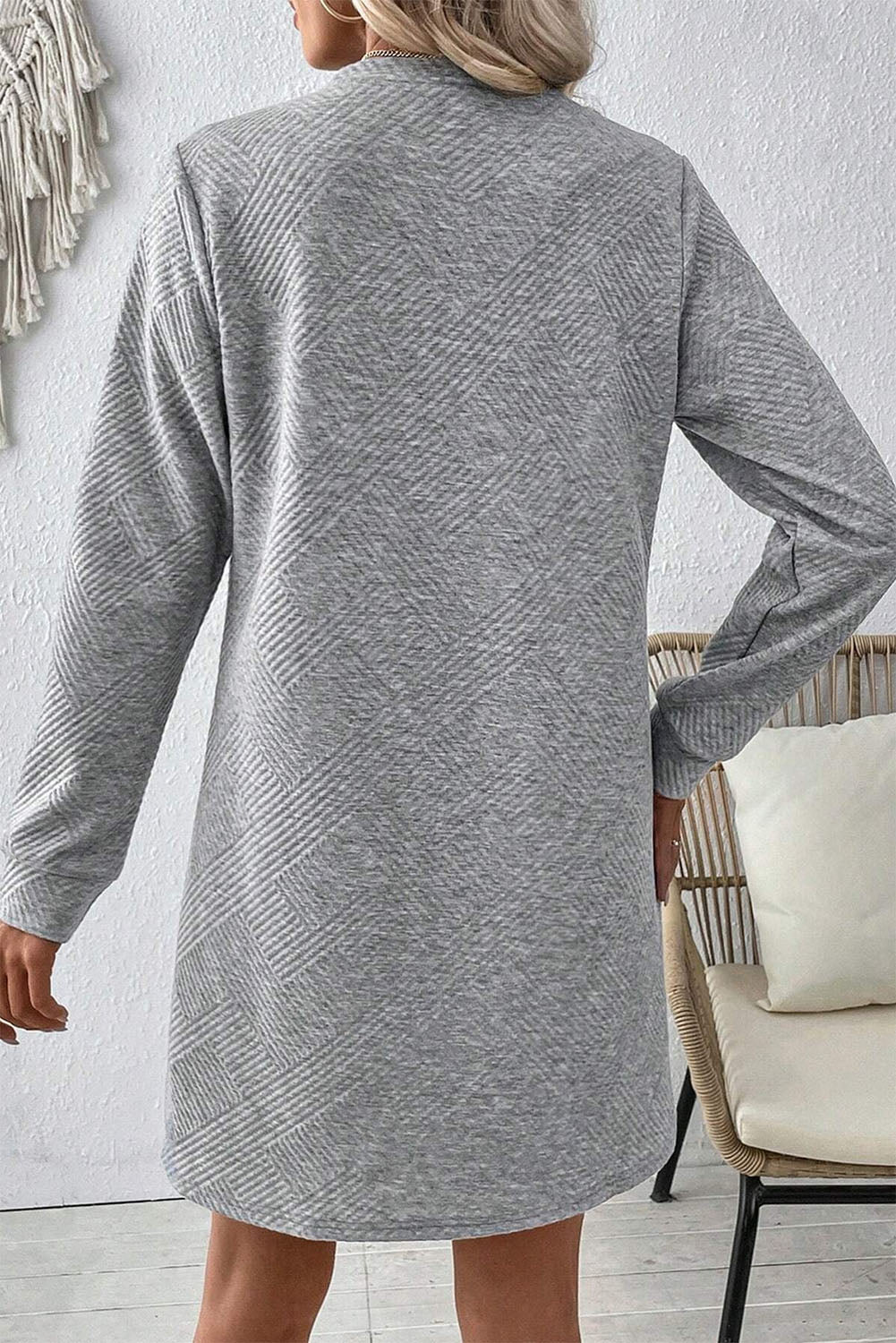 Gray Solid Color Textured Long Sleeve Shift Dress - ALOE WINGS STORE