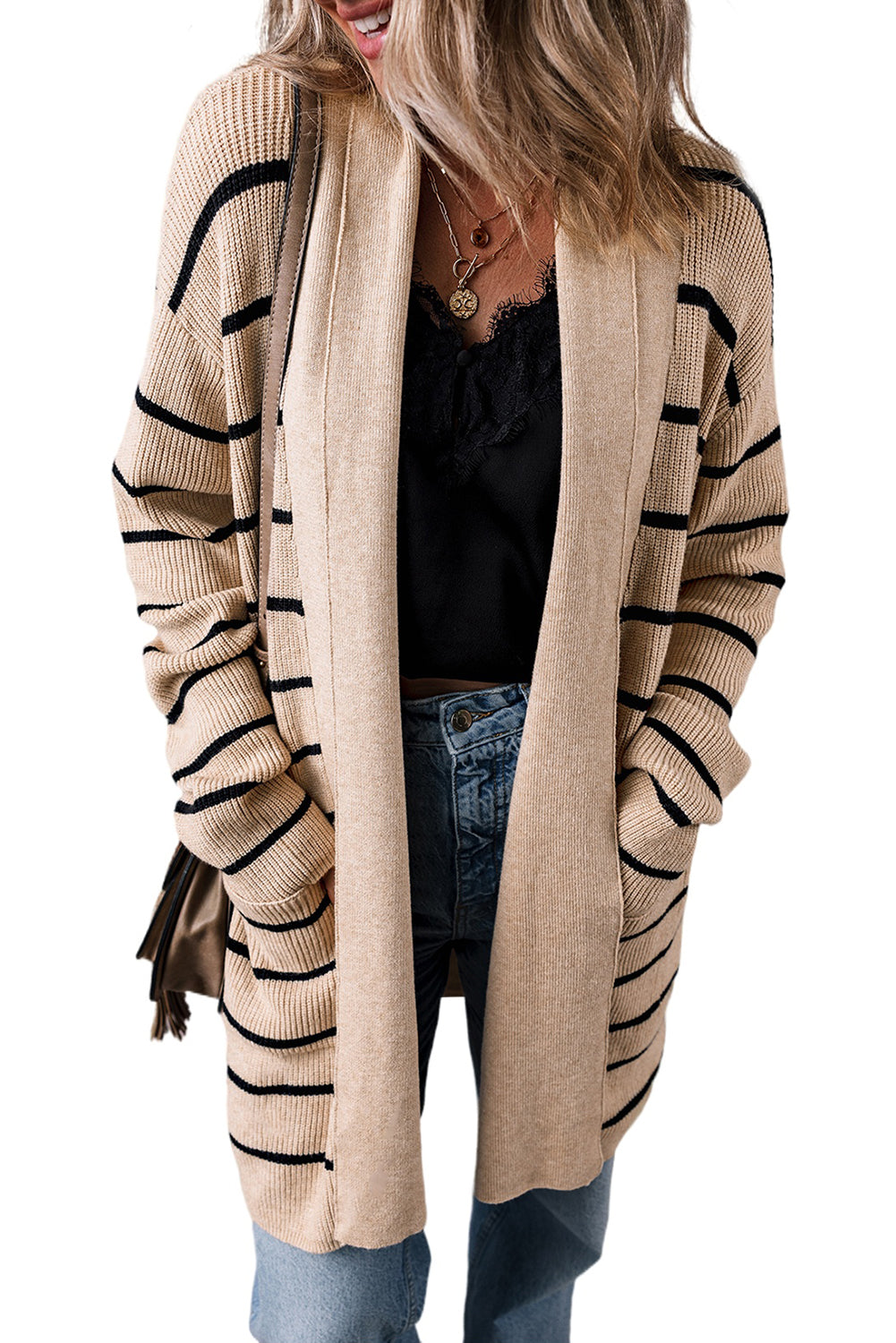 Black Striped Shawl Collar Open Cardigan with Pockets - ALOE WINGS STORE