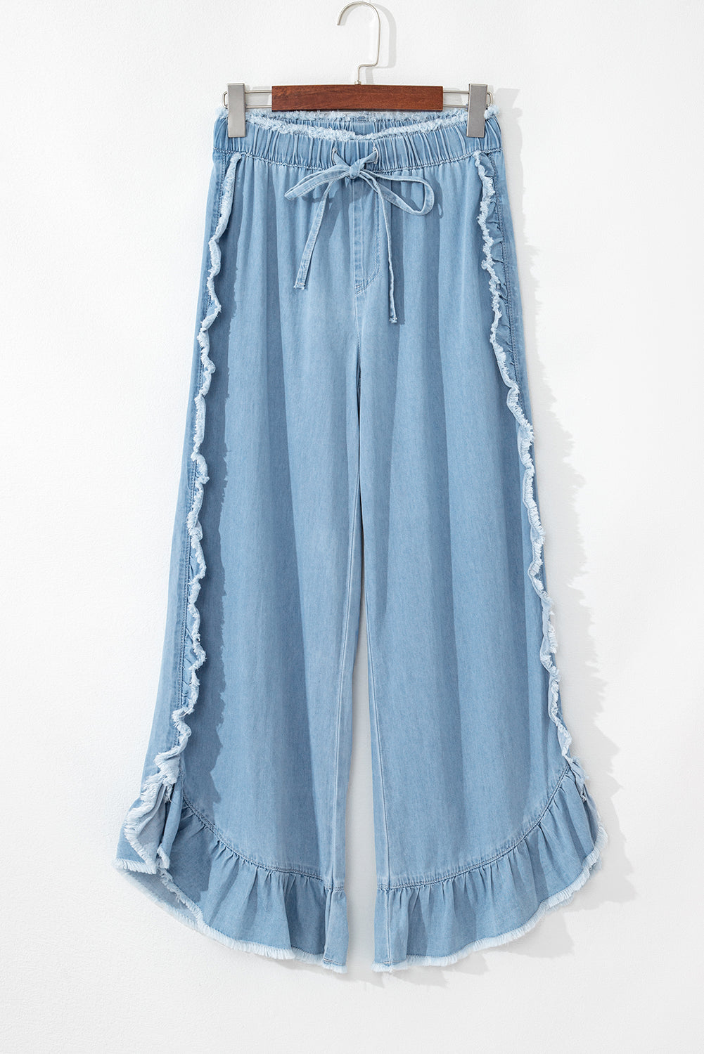 Ruffled Raw Hem Wide Leg Jeans in Myosotis Light Wash - ALOE WINGS STORE