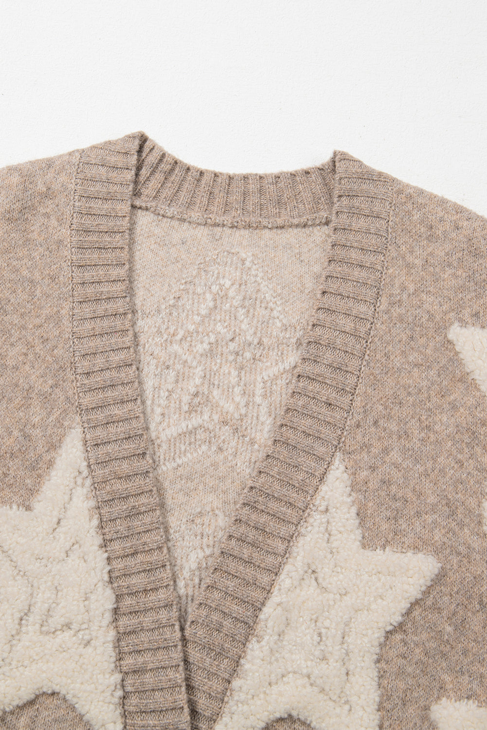 Khaki Sherpa Textured Cardigan with Star Pattern and Pockets - ALOE WINGS STORE