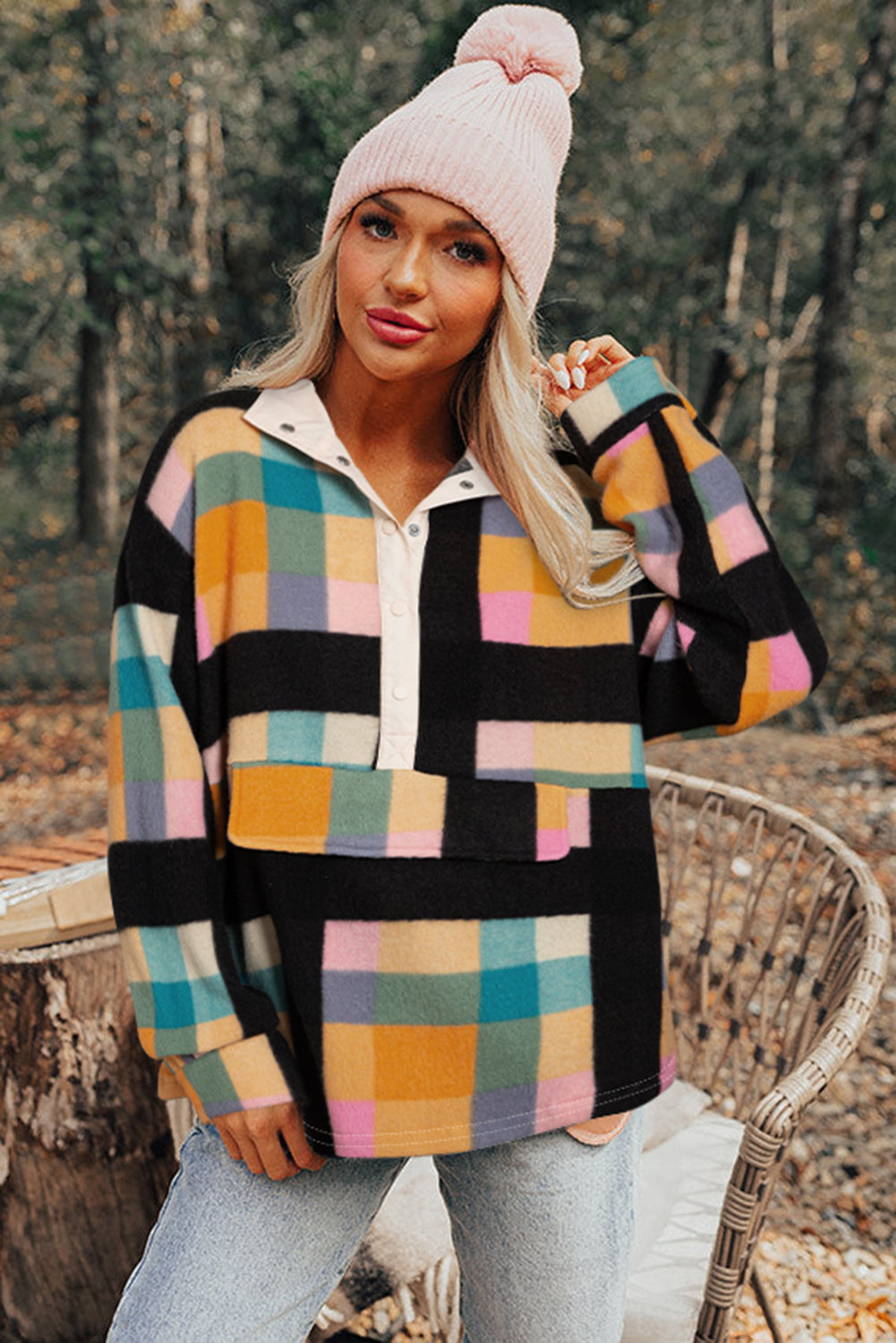 Cozy Black Sweatshirt with Plaid Print, Pockets, and Half Button Front - ALOE WINGS STORE