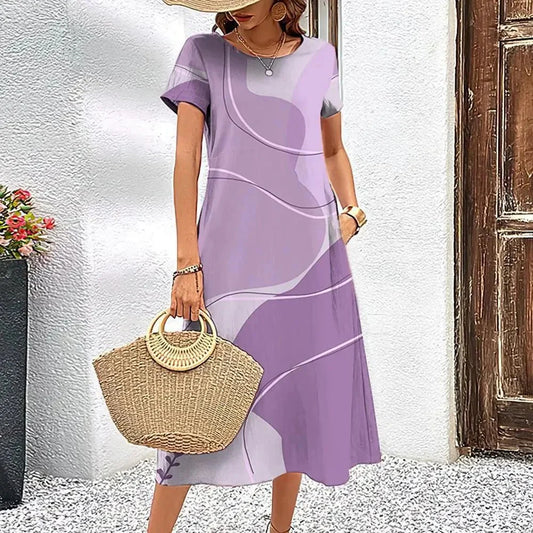 Purple Style Female Short Sleeves A-Line Dress - ALOE WINGS STORE