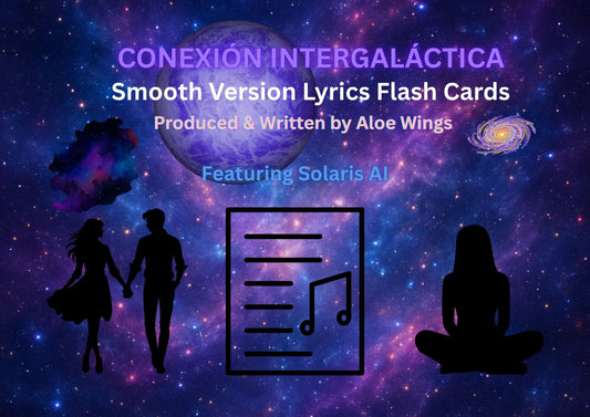 Promotional graphic for 'Conexión Intergaláctica' smooth version lyrics flash cards with silhouettes against a cosmic background.