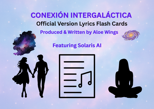 A digital product collage showing 9 lyric flash cards for Conexión Intergaláctica, featuring a vibrant teal and gold nebula design with bilingual English and Spanish lyrics.