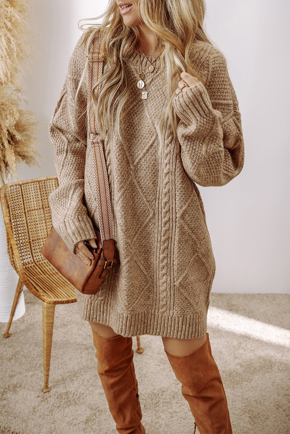 Cozy Loose Cable Knit Sweater Dress - ALOE WINGS STORE