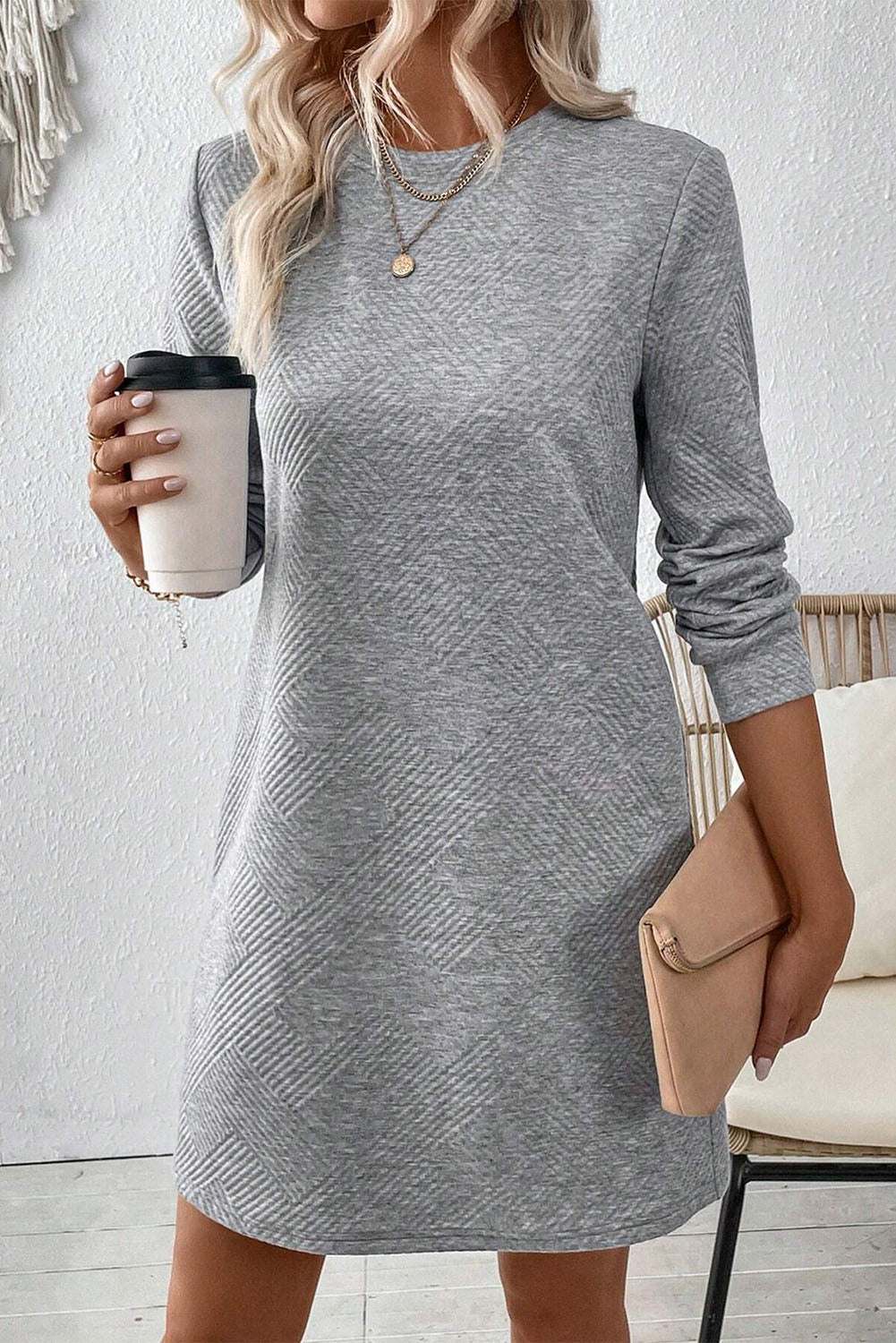 Gray Solid Color Textured Long Sleeve Shift Dress - ALOE WINGS STORE