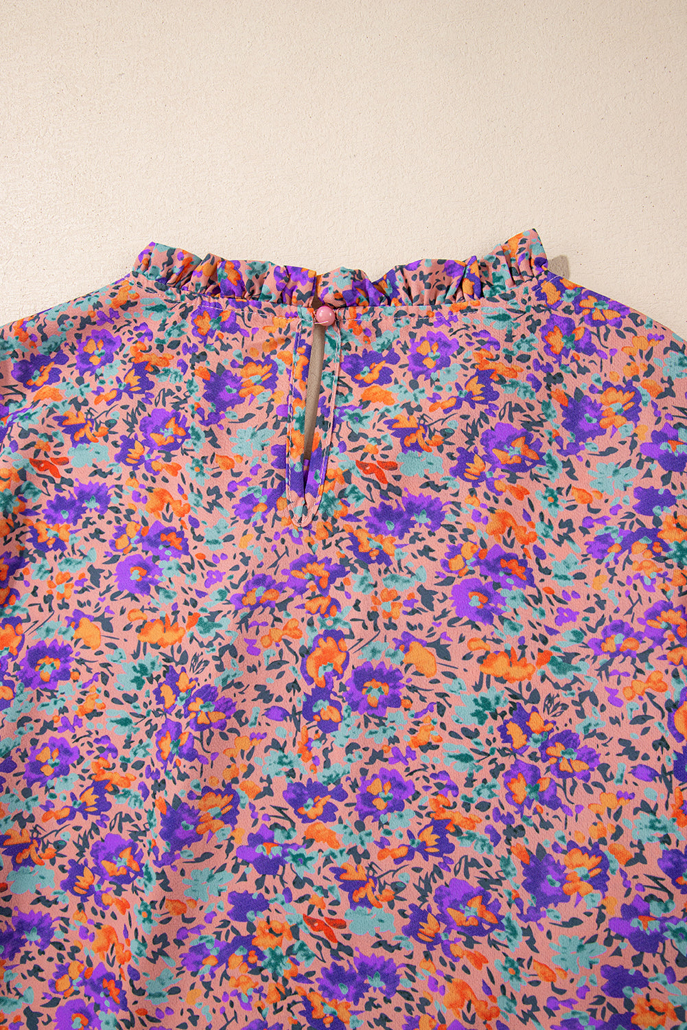 Purple Floral Print Frilled O-Neck Blouse with Shirred Cuffs - ALOE WINGS STORE