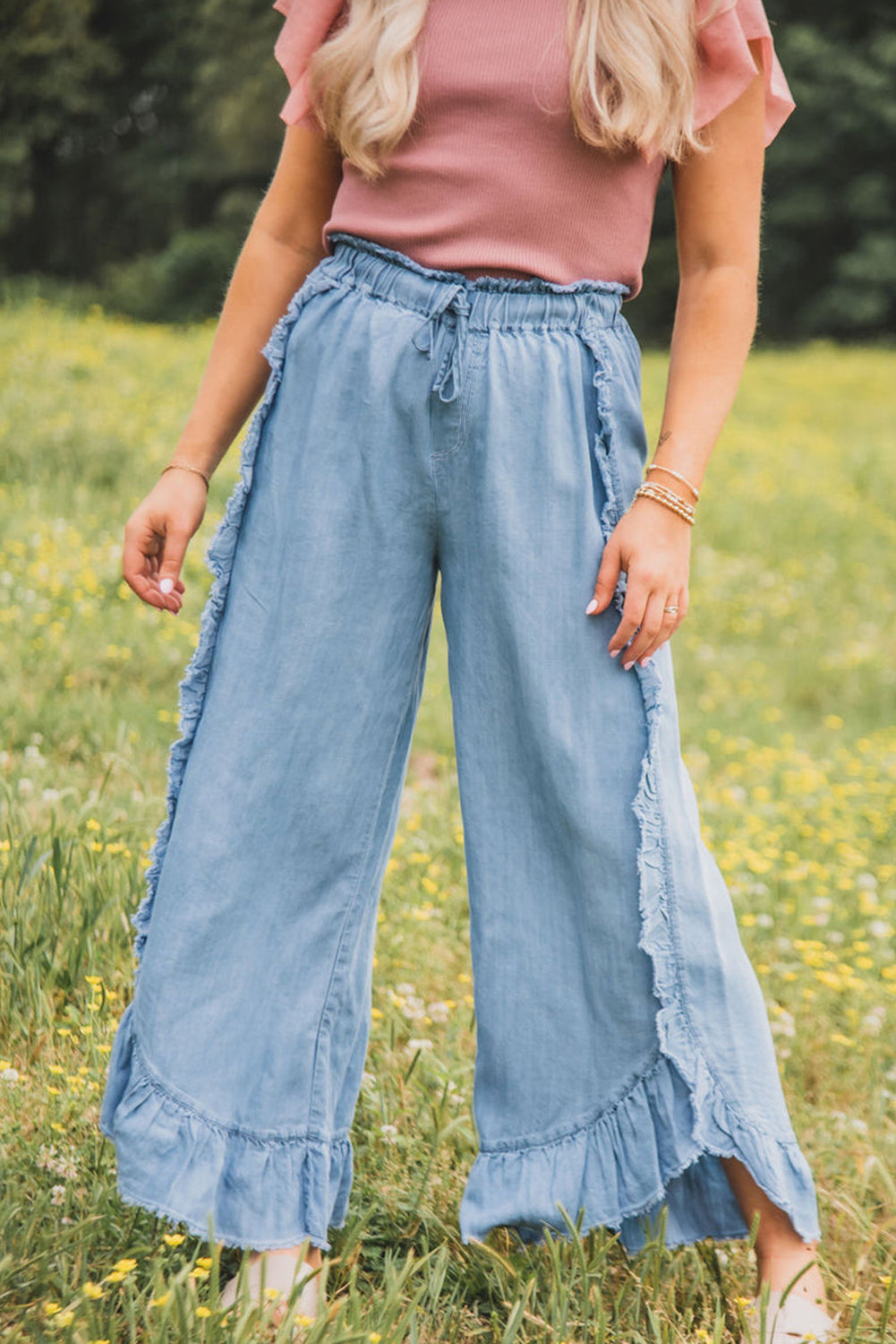 Ruffled Raw Hem Wide Leg Jeans in Myosotis Light Wash - ALOE WINGS STORE