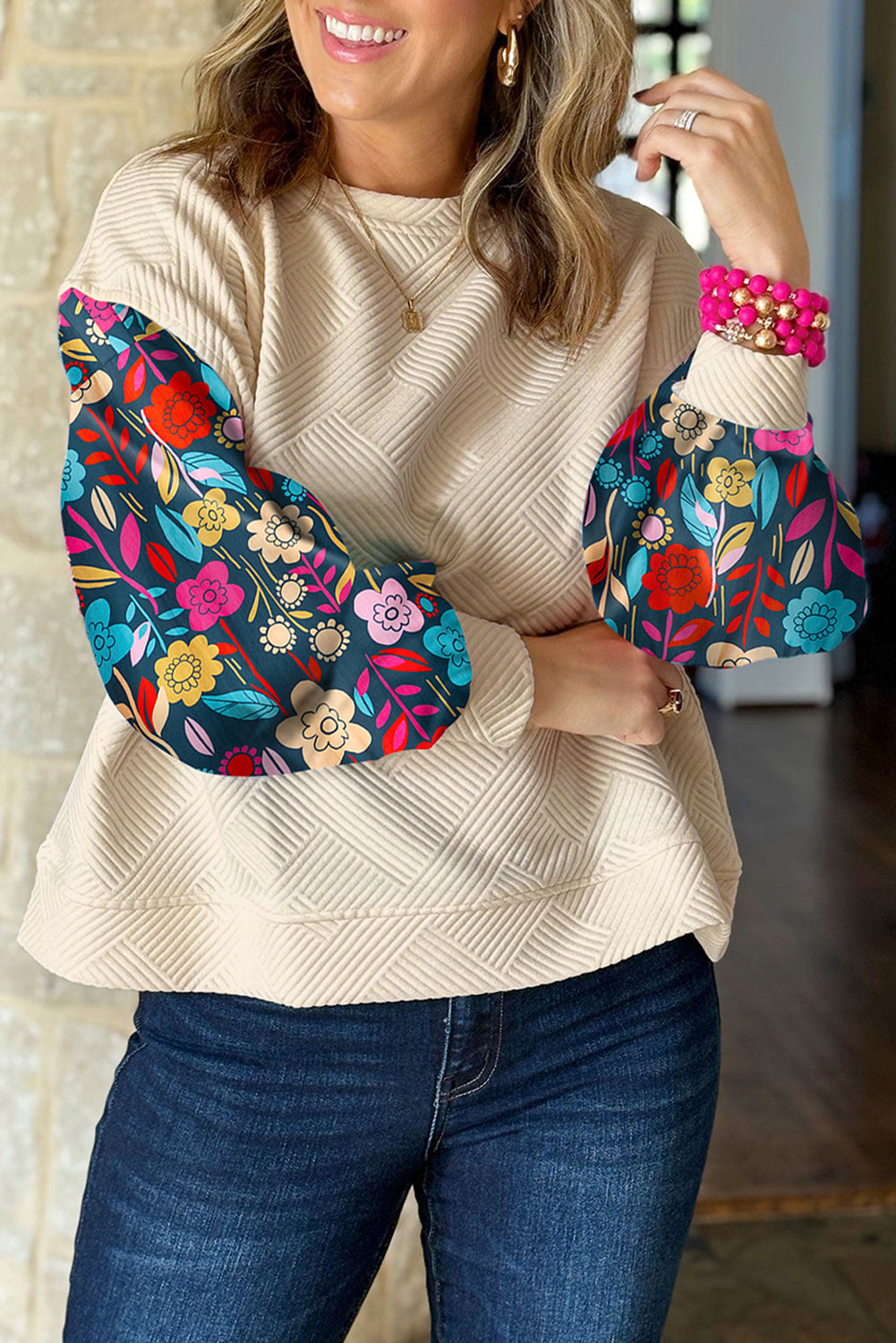 White Textured Knit Top with Contrast Floral Drop Shoulder Sleeves - ALOE WINGS STORE