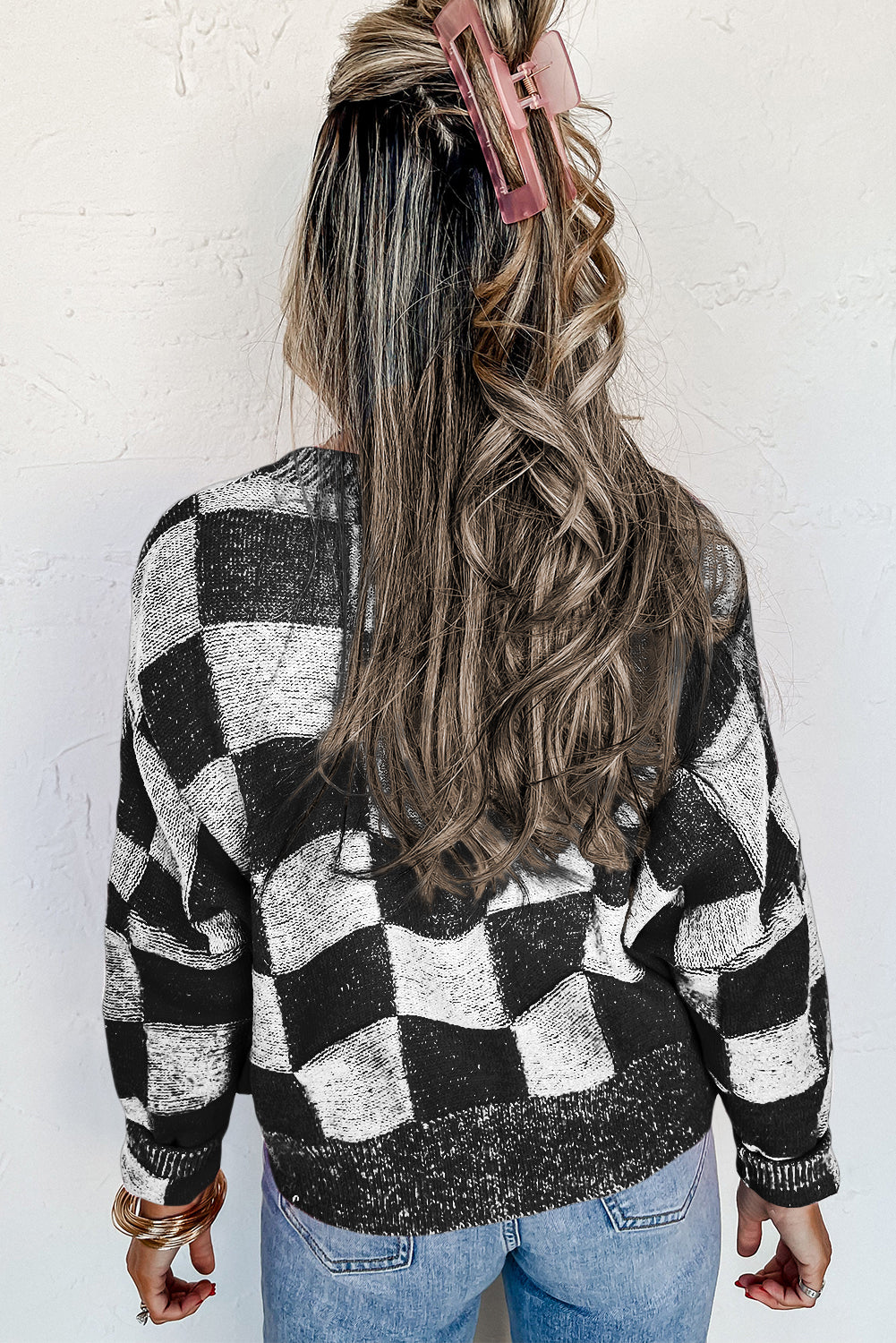 Black Checkered Drop Shoulder Buttoned V Neck Cardigan - ALOE WINGS STORE