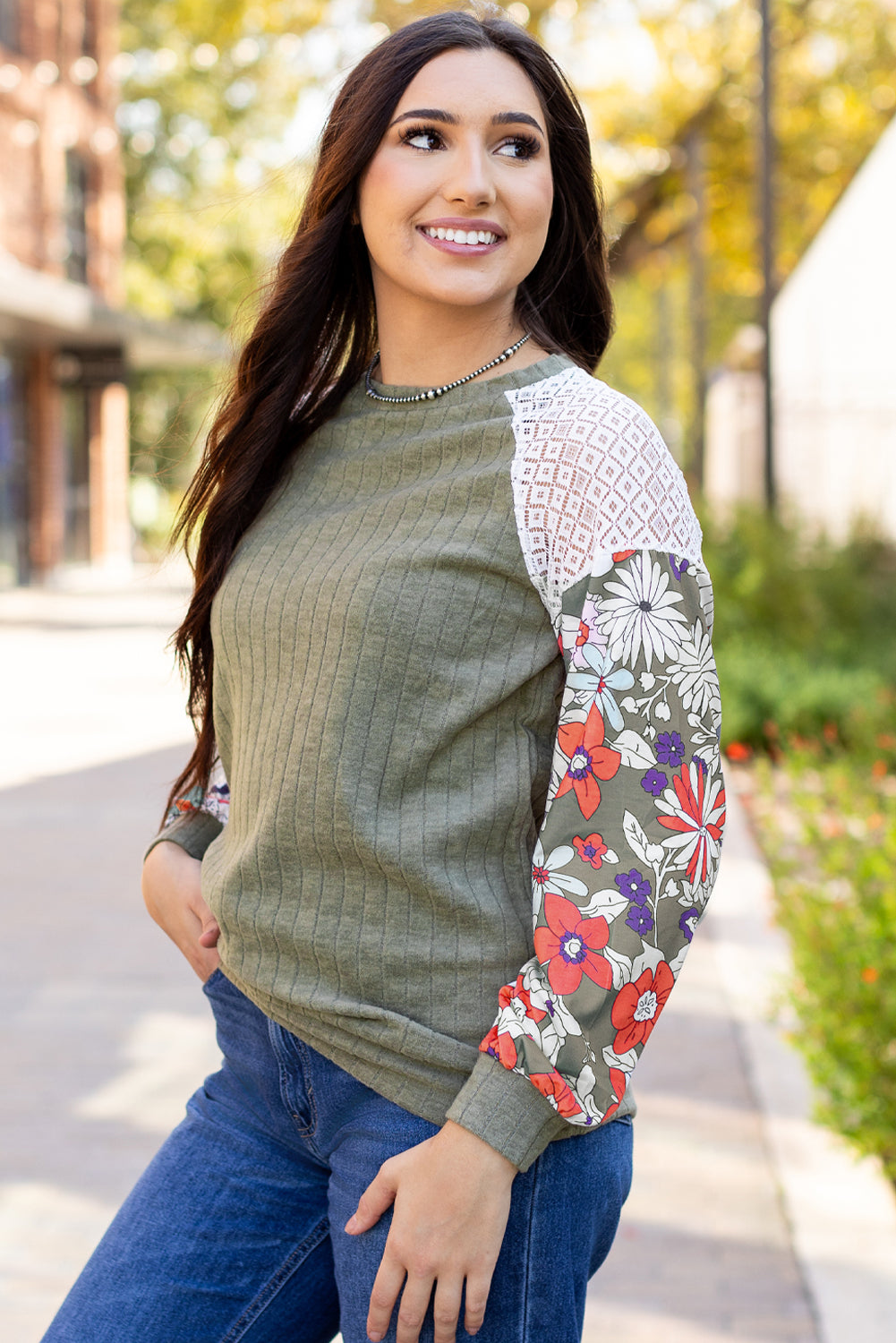 Floral Laurel Green Patchwork Ribbed Long Sleeve Top - ALOE WINGS STORE