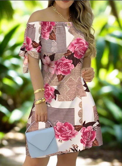 Women's Off-Shoulder Mini Dress – Casual Summer Short Sleeve Dress with Bow Detail | Elegant Relaxed Fit Party Outfit (Sizes up to 3XL)