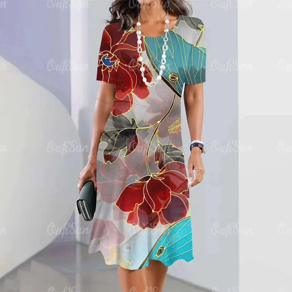 Elegant Golden Red Flowers Ladies Sun Dress - ALOE WINGS STORE