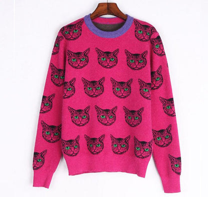 Pop Pink Cat Design Knit jacquard Sweater - ALOE WINGS STORE