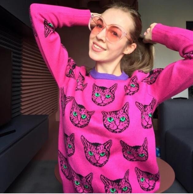 Pop Pink Cat Design Knit jacquard Sweater - ALOE WINGS STORE