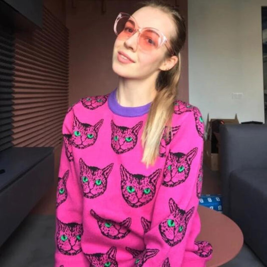 Pop Pink Cat Design Knit jacquard Sweater - ALOE WINGS STORE