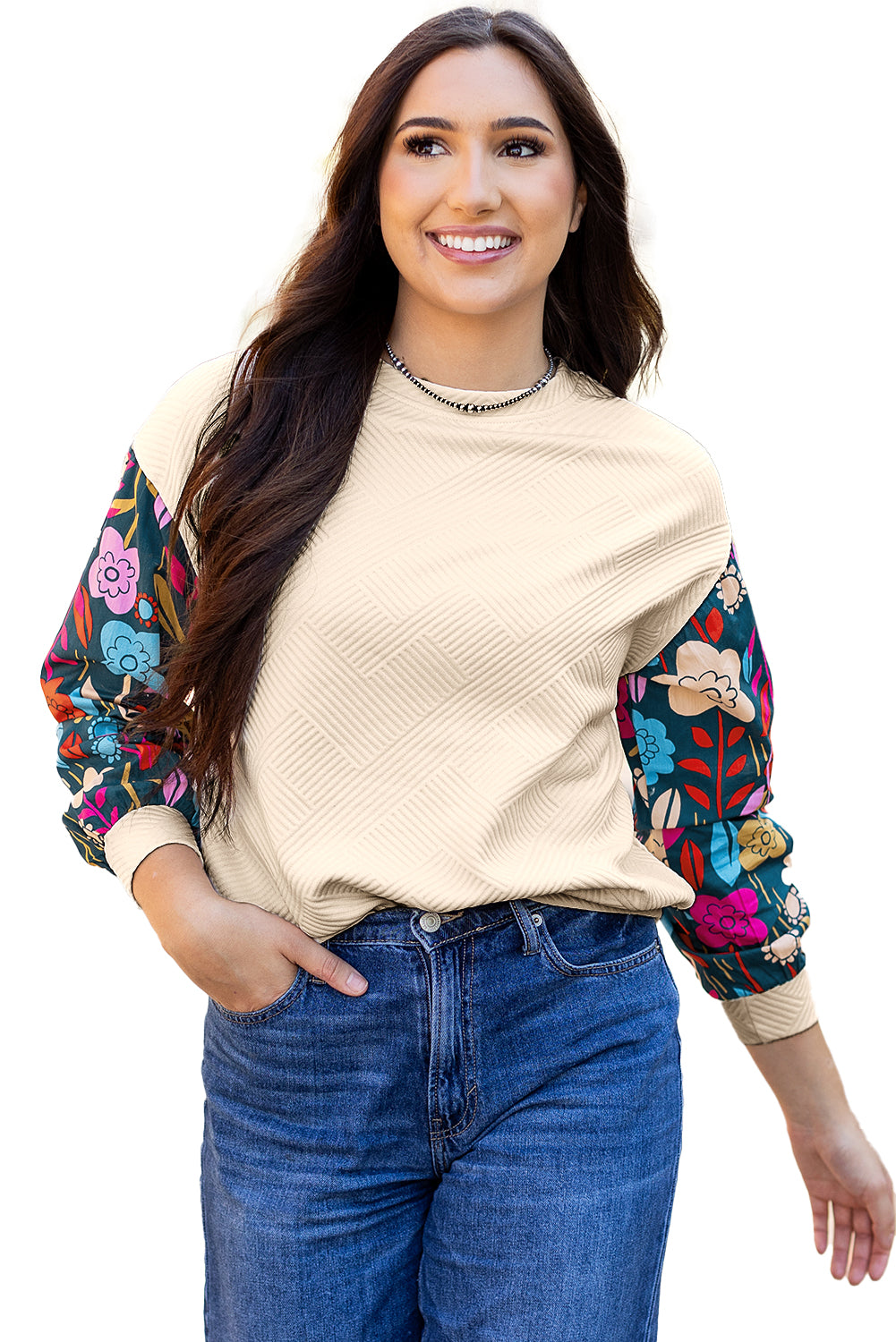 White Textured Knit Top with Contrast Floral Drop Shoulder Sleeves - ALOE WINGS STORE