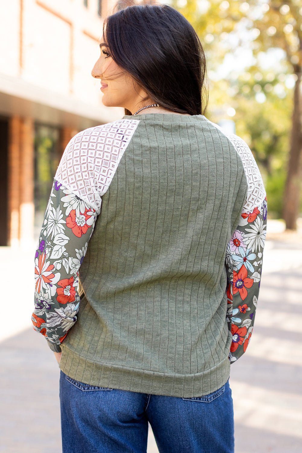 Floral Laurel Green Patchwork Ribbed Long Sleeve Top - ALOE WINGS STORE