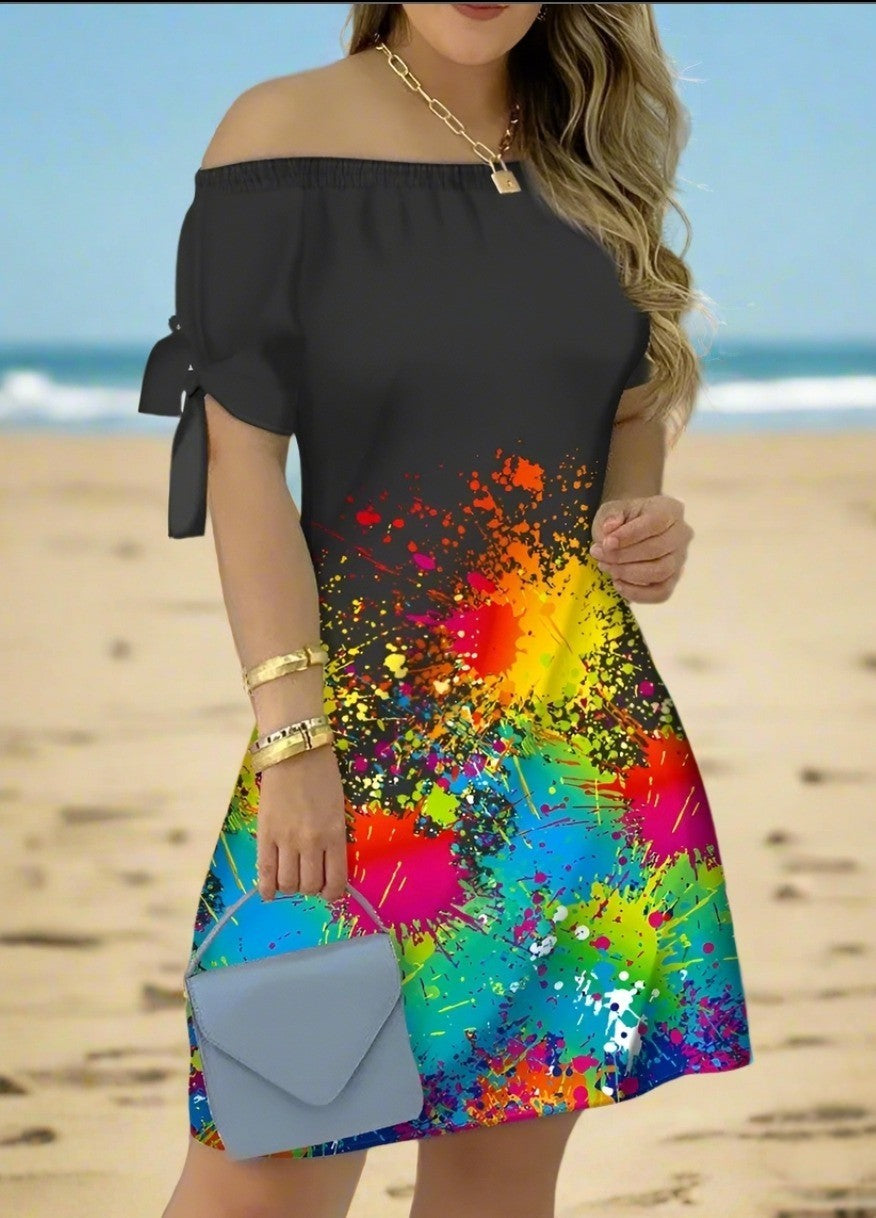 Women's Off-Shoulder Mini Dress – Casual Summer Short Sleeve Dress with Bow Detail | Elegant Relaxed Fit Party Outfit (Sizes up to 3XL)