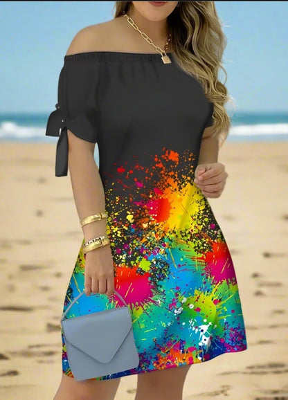 Women's Off-Shoulder Mini Dress – Casual Summer Short Sleeve Dress with Bow Detail | Elegant Relaxed Fit Party Outfit (Sizes up to 3XL)