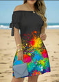 Women's Off-Shoulder Mini Dress – Casual Summer Short Sleeve Dress with Bow Detail | Elegant Relaxed Fit Party Outfit (Sizes up to 3XL)