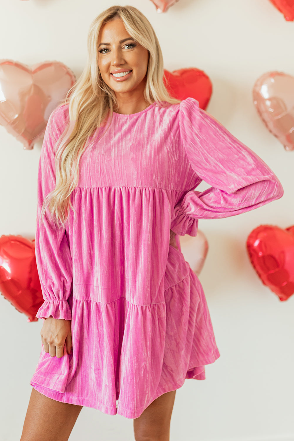 Strawberry Pink Tiered Ruffled Velvet Mini Dress with Flounce Sleeves - ALOE WINGS STORE